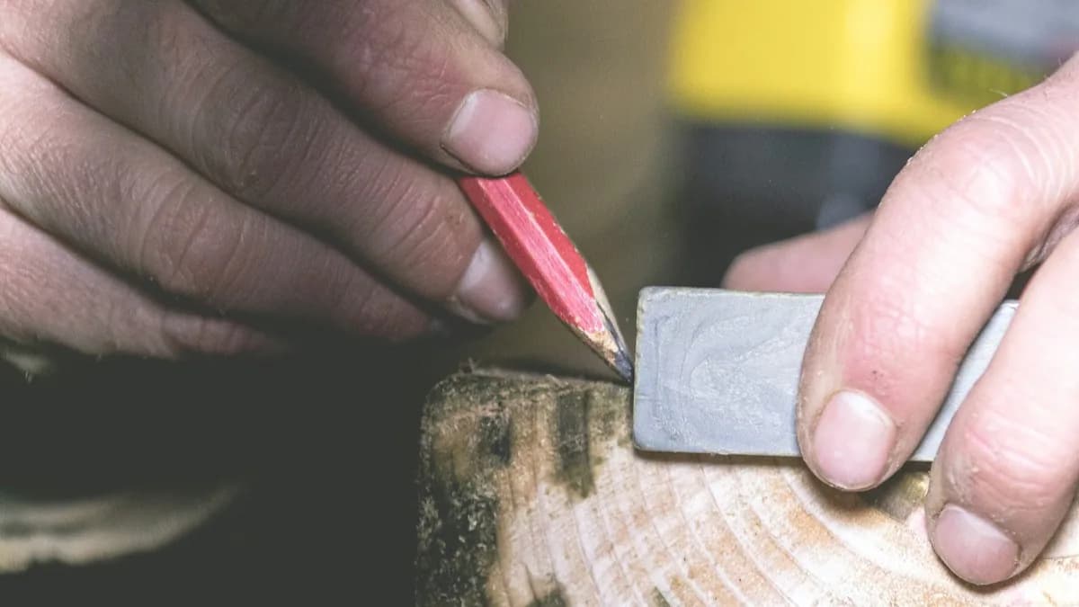 Mains qui tracent un repère au crayon sur une pièce de bois