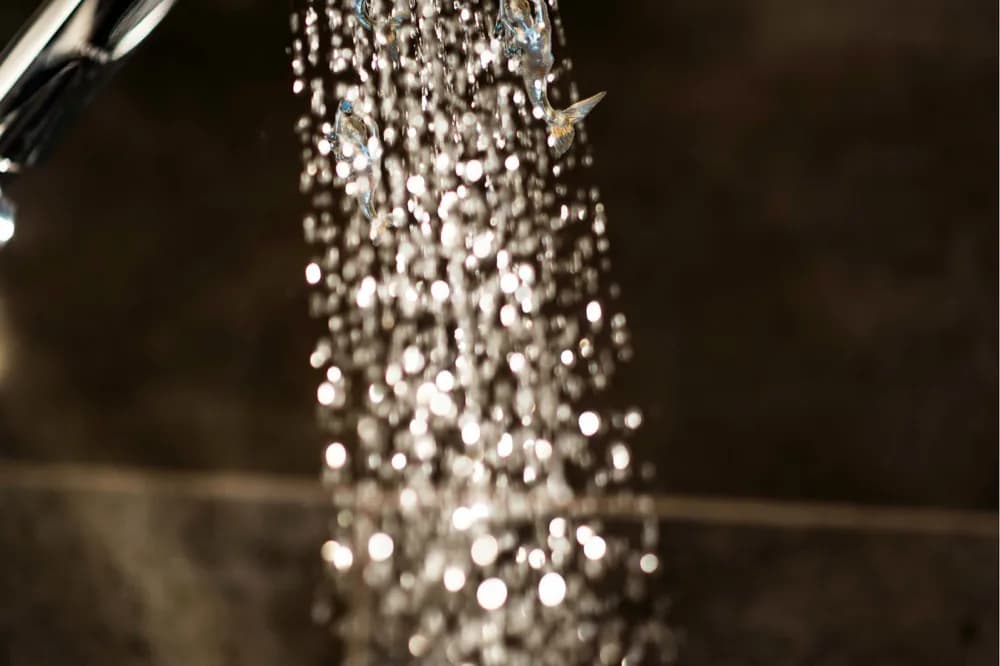 Jet d'eau tombant d'une pomme de douche, gouttes détachées
